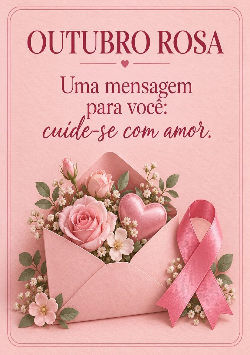 Mensagem Outubro Rosa com envelope rosa cheio de flores e coração, ao lado do laço da campanha